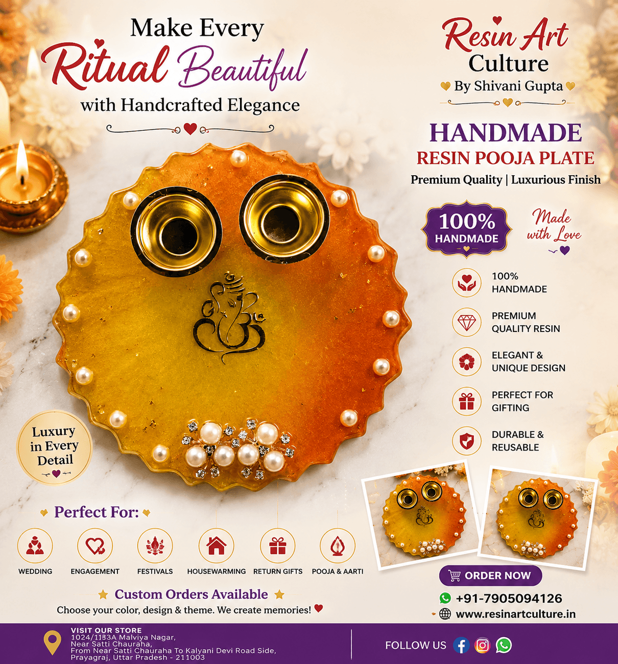 Handmade Ganesh Resin Pooja Thali with Kumkum Bowls Decorative Festival & Wedding Plate